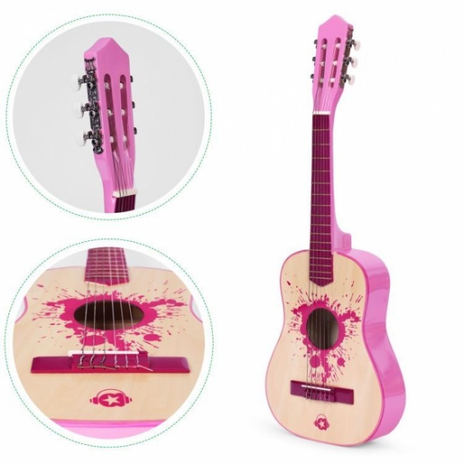 Chitara din lemn cu 6 corzi pentru copii, 86 x 31 cm, Ecotoys HX18026-34 - Roz