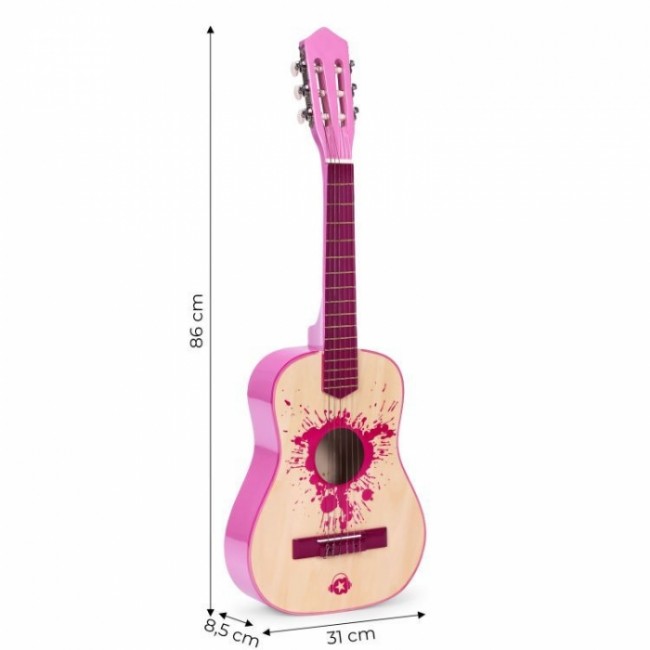 Chitara din lemn cu 6 corzi pentru copii, 86 x 31 cm, Ecotoys HX18026-34 - Roz