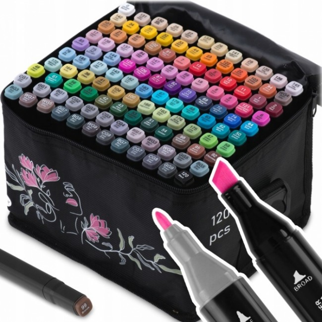 Set de 120 markere colorate cu alcool, varf dublu, Nukido NK-913