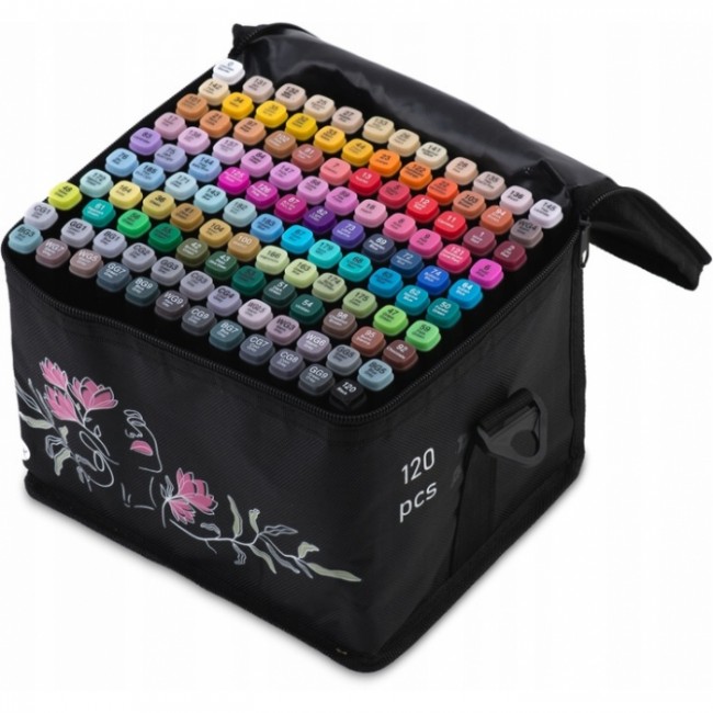Set de 120 markere colorate cu alcool, varf dublu, Nukido NK-913