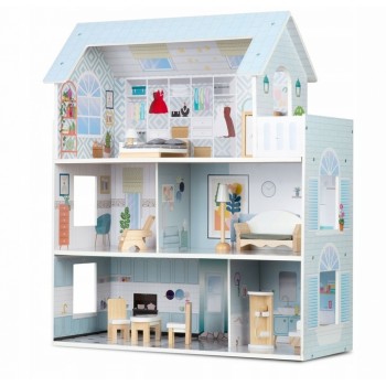 Casuta de papusi din lemn cu 3 etaje, mobilier inclus, 60 x 24 x 70 cm, Ricokids RK-878 - Albastru deschis