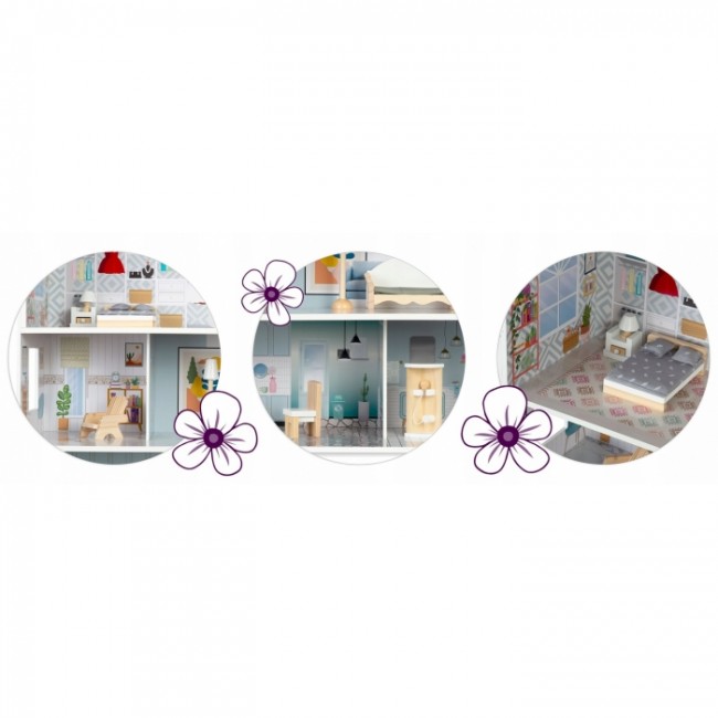 Casuta de papusi din lemn cu 3 etaje, mobilier inclus, 60 x 24 x 70 cm, Ricokids RK-878 - Albastru deschis