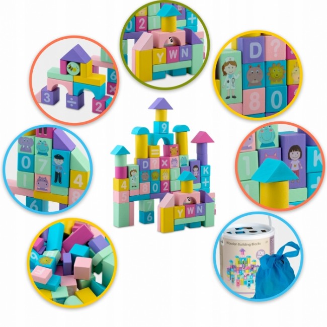 Set educational cu blocuri din lemn, 100 bucati, Ricokids RK-871