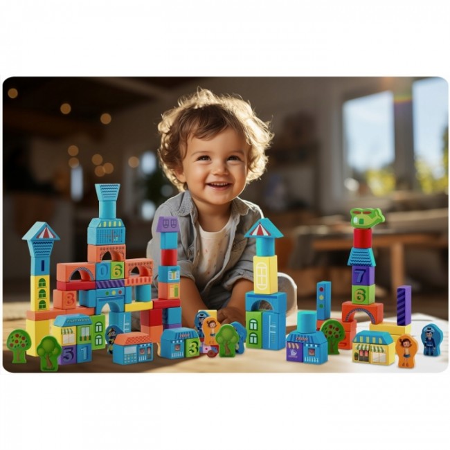 Set educational cu blocuri din lemn, 100 bucati, Ricokids RK-871 - Orasel