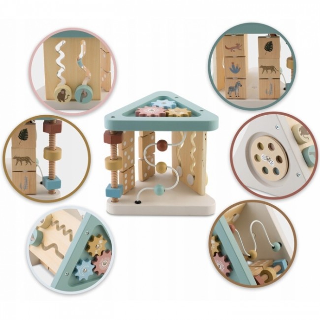 Triunghi educational din lemn cu diverse activitati, 18.5 x 17 cm, Nukido NK-860