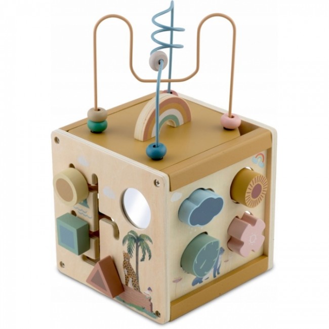Cub educational din lemn cu diverse activitati, 15.5 x 17 cm, Nukido NK-861