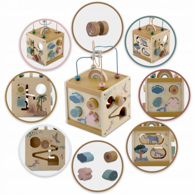 Cub educational din lemn cu diverse activitati, 15.5 x 17 cm, Nukido NK-861