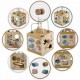 Cub educational din lemn cu diverse activitati, 15.5 x 17 cm, Nukido NK-861