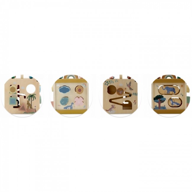 Cub educational din lemn cu diverse activitati, 15.5 x 17 cm, Nukido NK-861
