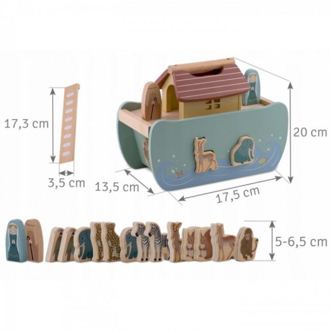Jucarie educativa Arca lui Noe din lemn cu animalute, 17.5 x 13.5 x 20 cm, Nukido NK-862