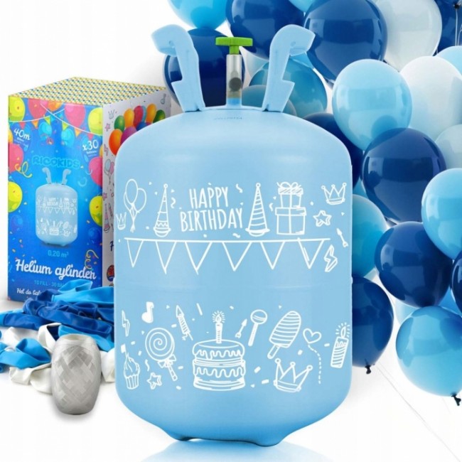 Cilindru cu heliu 0.20 m3 cu 30 de baloane si 40m panglica Ricokids 799002 - Albastru