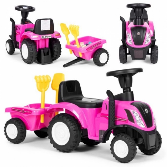 Tractor de impins New Holland cu remorca pentru copii 658T - Roz