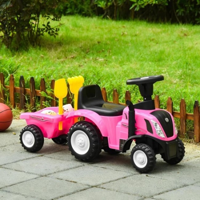 Tractor de impins New Holland cu remorca pentru copii 658T - Roz