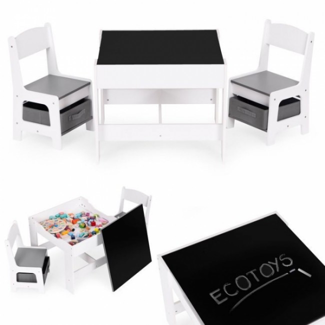 Set de masa cu doua scaune pentru copii Ecotoys ZKC-1A - Alb-Gri